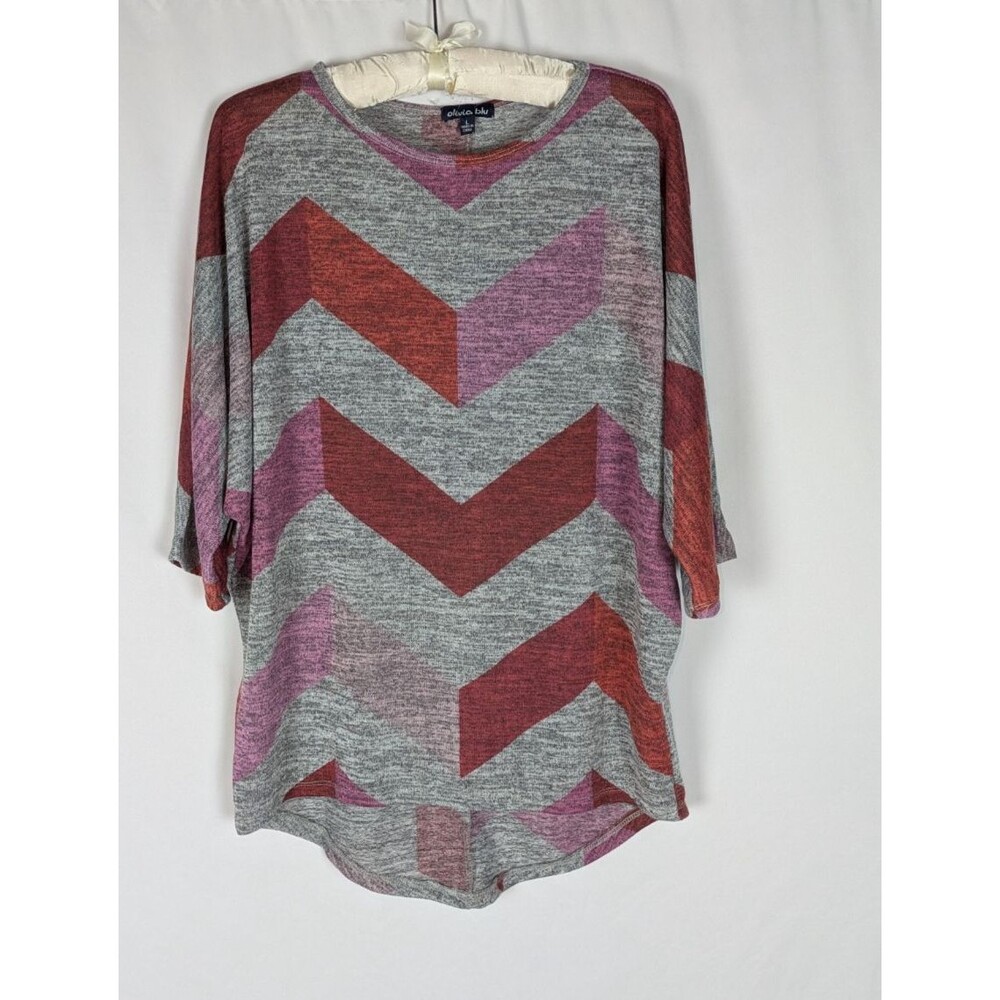 olivia blu Tunic L Women's Gray Chevron Stripes Dolman Sleeve Hi Low Hem